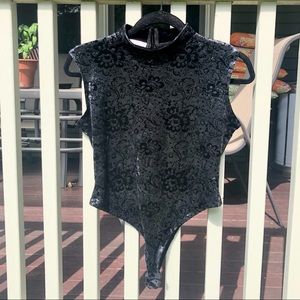 90s Sleeveless Black Floral Thong Bodysuit